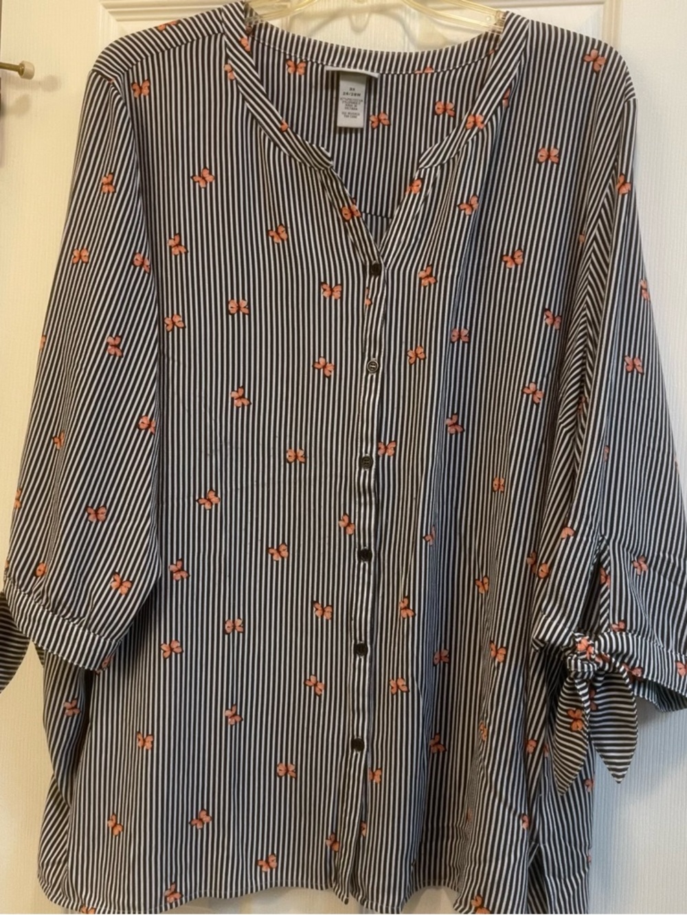 Catherines Navy & White Striped Blouse with Coral Butterflies.    (104)